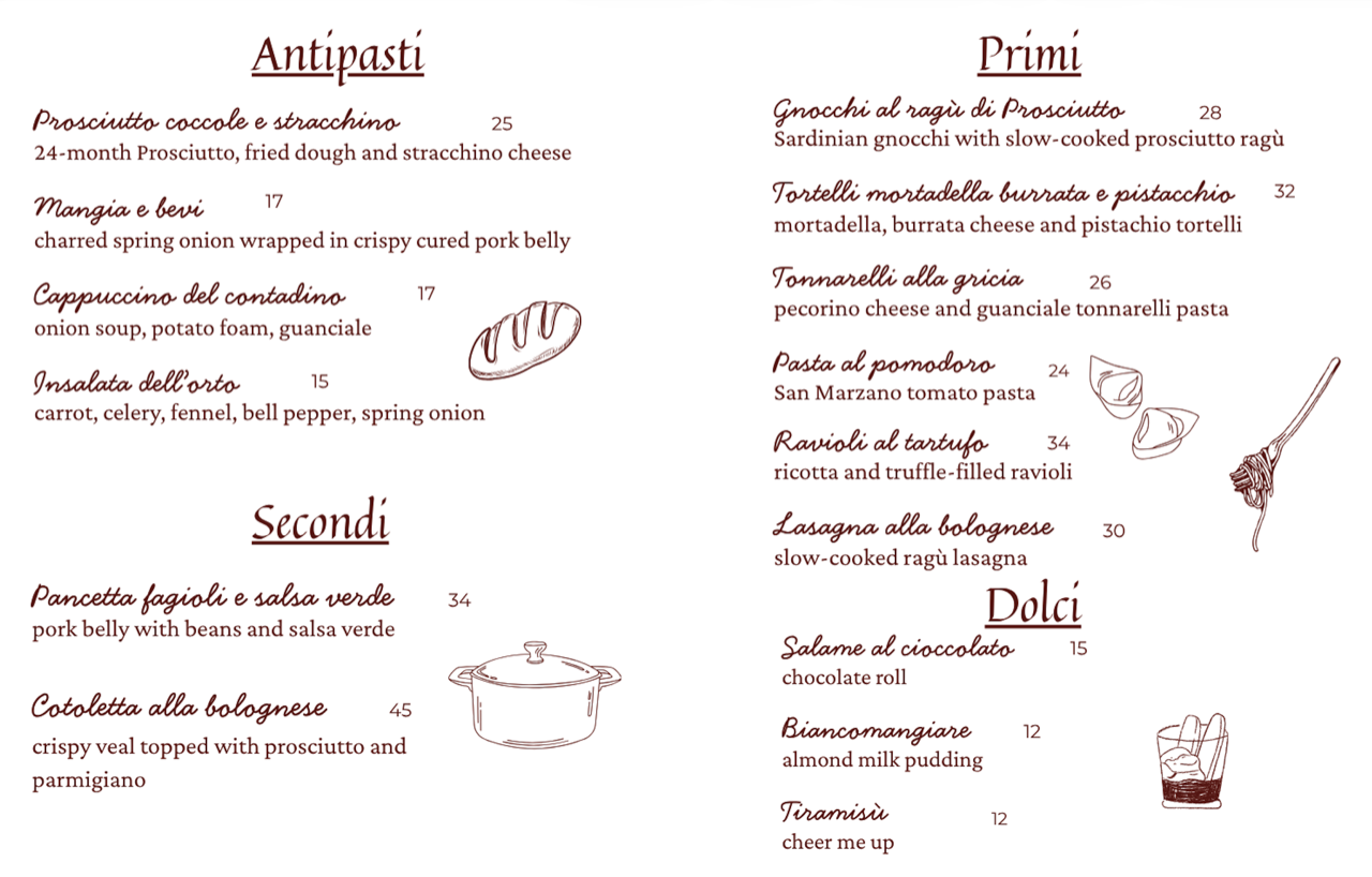 Prosciutto menu